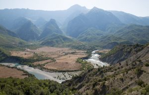 August 08 2018: Scenic view of Vjosa river bend in southern Albania