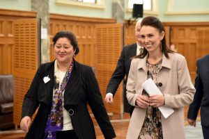 New Zealand Governor-General designate Dame Cindy Kiro (L) and Prime Minister Jacinda Ardern walk together at Parliament House in Wellington, New Zealand