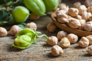 Chickpeas on a wooden table