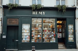 Storefront of small local bookshop in central France