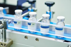 Bottles in a production line for the pharmaceutical industry.